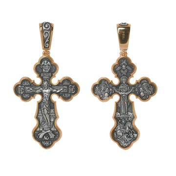 Orthodox cross pendant "Crucifixion of Christ" and "Archangel Michael" made of 925 sterling silver, gilded with 999 karat red gold. 