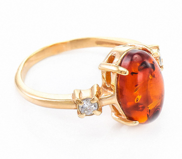 Женское Кольцо в серебре 925 пробы позолоченное с янтарем 