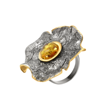 Женское Кольцо в серебре 925 пробы позолоченное с янтарем 