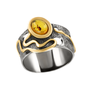 Herrlicher Bernstein Ring mit Kordelverzierung - 925 Silber