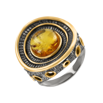 Женское Кольцо в серебре 925 пробы позолоченное с янтарем 