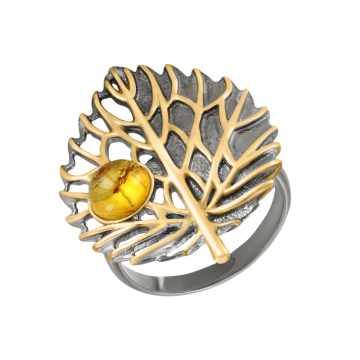 Женское Кольцо в серебре 925 пробы позолоченное с янтарем 