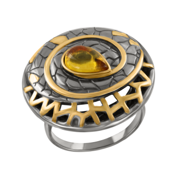 Женское Кольцо в серебре 925 пробы позолоченное с янтарем 