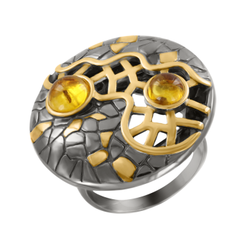 Женское Кольцо в серебре 925 пробы позолоченное с янтарем 