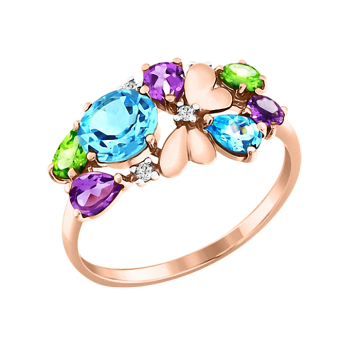 Rotgold 585° Damenring mit Zirkonia, Topas, Amethyst, Chrysolith 