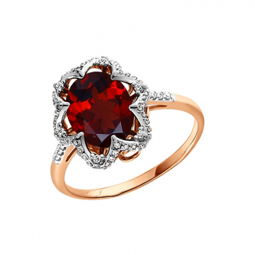 Кольцо из красного золота с гранатом и фианитами 