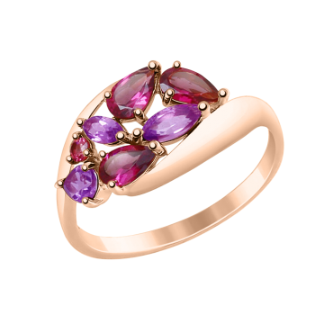 Damenring aus Rotgold 585° mit Rhodolite, Amethyst 