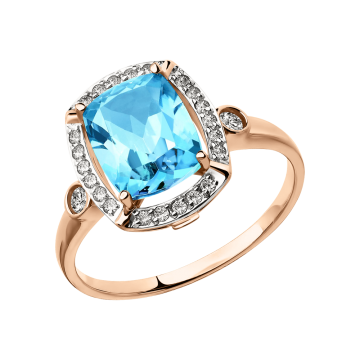 Rotgold 585° Damenring mit blau Topas, Zirkonia 
