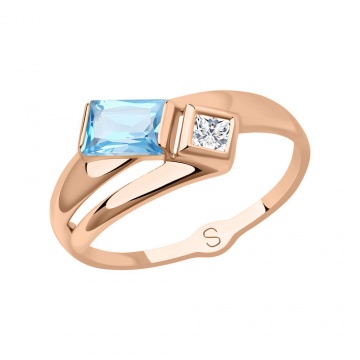 Rotgold 585° Damenring mit blau Topas, Zirkonia 