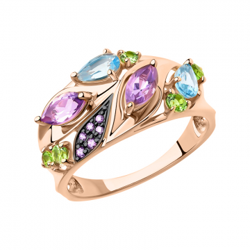Rotgold 585° Damenring mit Zirkonia, Topas, Amethyst, Chrysolith 
