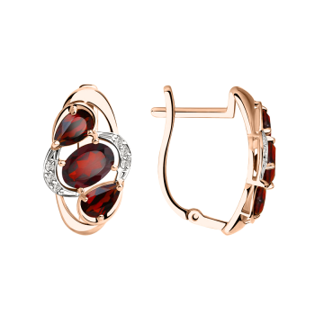 Earrings in red gold of 585 assay value with garnet, zirconia 