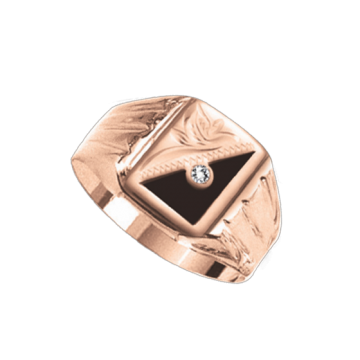 Man's ring in red gold of 585 assay value with zirconia, onyx 
