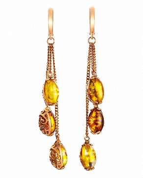 Серебряные серьги 925 пробы с янтарем покрытые красным золотом 