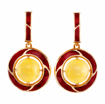 Серебряные серьги 925 пробы с янтарем покрытые красным золотом 