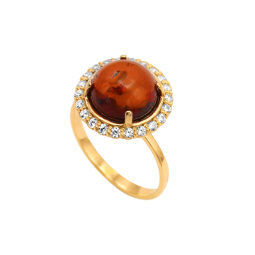 Vergoldete Damen-ring aus 925er Silber mit Bernstein und Zirkonia 