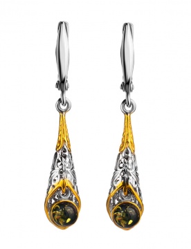 Серебряные серьги 925 пробы с янтарем покрытые красным золотом 