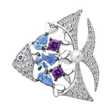 Брошь серебряная 925 пробы. Вставка: Фианиты, Жемчуг, Аметисты 