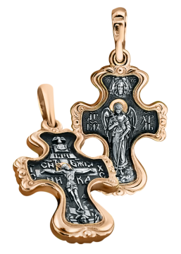Orthodoxer Kreuzanhänger „Kreuzigung Christi“ und „Schutzengel“ aus 925er Sterlingsilber, vergoldet mit 999er Rotgold. 
