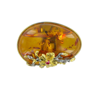 Женское Кольцо в серебре 925 пробы позолоченное с янтарем 