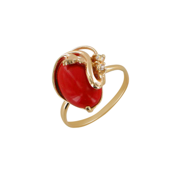 Gold-plated silver and rhodium ring with coral and zirconia 