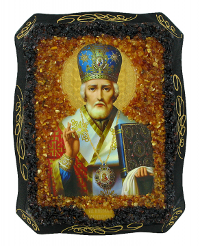 Русская православная икона "Николай Чудотворец", украшенная натуральным янтарем 