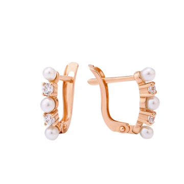 Серьги детские из красного золота 585 пробы с фианитами и жемчугом 