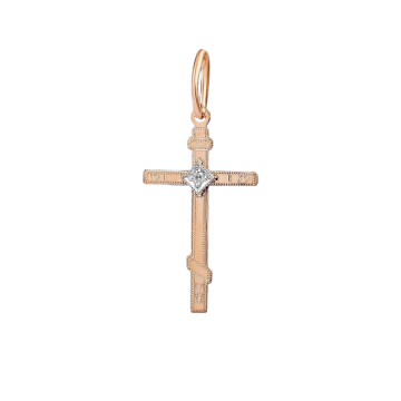 Cross from red gold of 585 assay value with diamond 