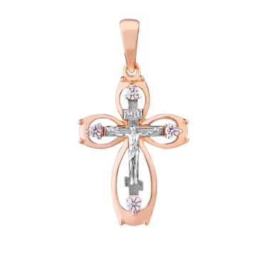 Cross from red gold of 585 assay value with cubic zirconia 