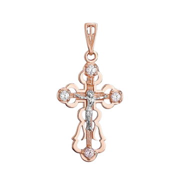 Cross from red gold of 585 assay value with cubic zirconia 