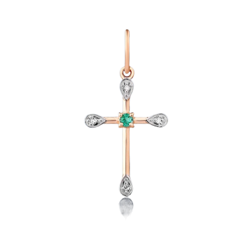 Подвеска - крест из красного золота 585 пробы с изумрудном и бриллианты 