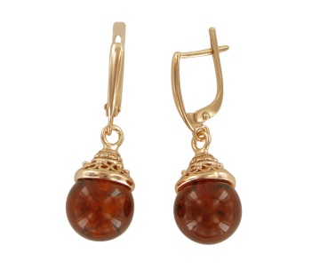 Серебряные серьги 925 пробы с янтарем покрытые красным золотом 