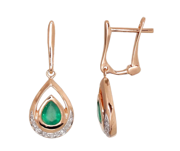 Серьги в красном золоте 585 пробы с бриллиантами и изумрудами 