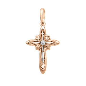 Cross from red gold of 585 assay value with cubic zirconia 