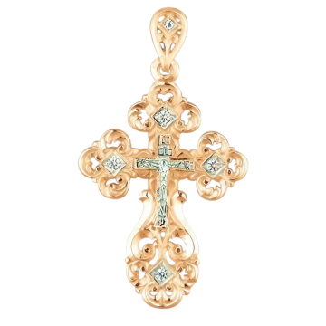 Cross from red and white gold of 585 assay value with cubic zirconia 