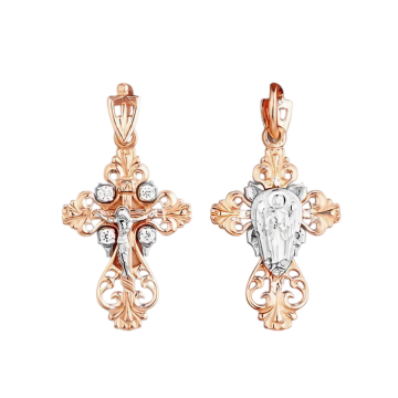 Cross from red and white gold of 585 assay value with cubic zirconia 
