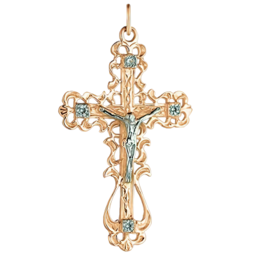 Cross from red and white gold of 585 assay value with cubic zirconia 