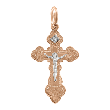Cross from red and white gold of 585 assay value with cubic zirconia 