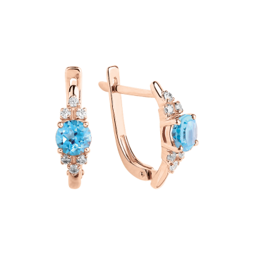 Серьги из красного золота 585 пробы с голубым топазом и фианитами 