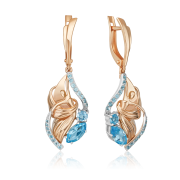 Earrings in red gold of 585 assay value with blue topaz 