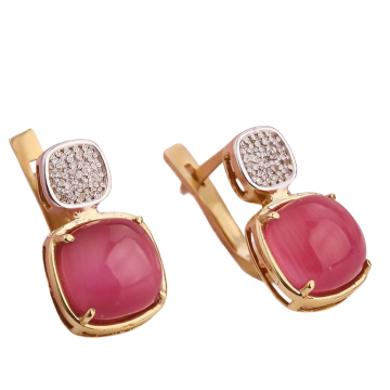 Gold Earrings with Pink Quartz and Diamonds 