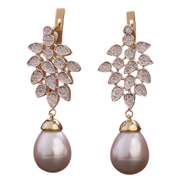 Серьги в красном золоте 585 пробы с бриллиантами и жемчугом 