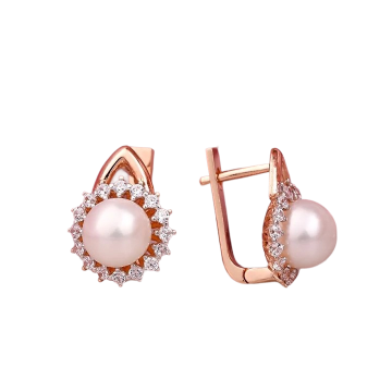 Серьги детские из красного золота 585 пробы с фианитами и жемчугом 