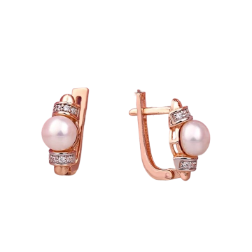 Серьги из красного золота 585 пробы с фианитами и жемчугом 