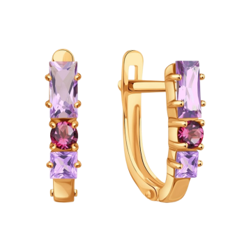 Серьги из красного золота 585 пробы с аметистами и родолит 