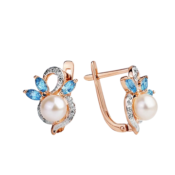 Goldohrringe aus russischem Rot- und Weißgold 585 mit Perlen und Topasen 