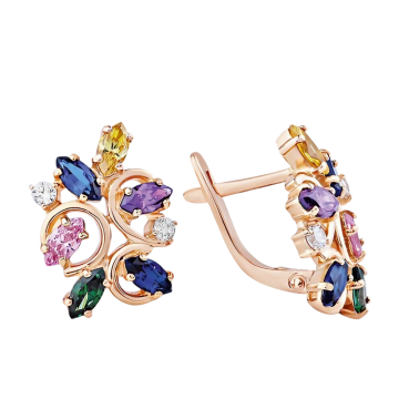 Originale russische Ohrringe aus 585er Rotgold mit blauer Spinell und Zirkonia 