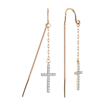 Goldene Fadenohrringe mit Zirkonia-Kreuzen 