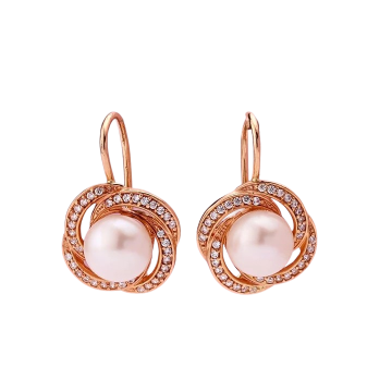 Ohrringe aus Rotgold 585° mit Zirkonia, echte Perlen 