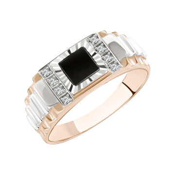 Herrenring aus Rotgold 585° mit Zirkonia, Onyx 
