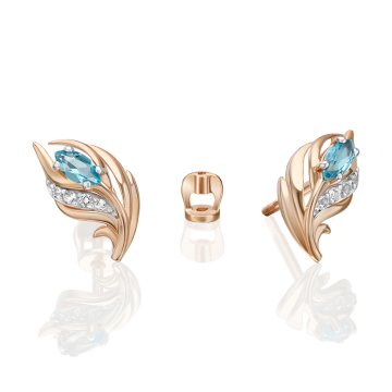 Серьги из красного Золот 585 пробы с голубыми топазами и фианитами 